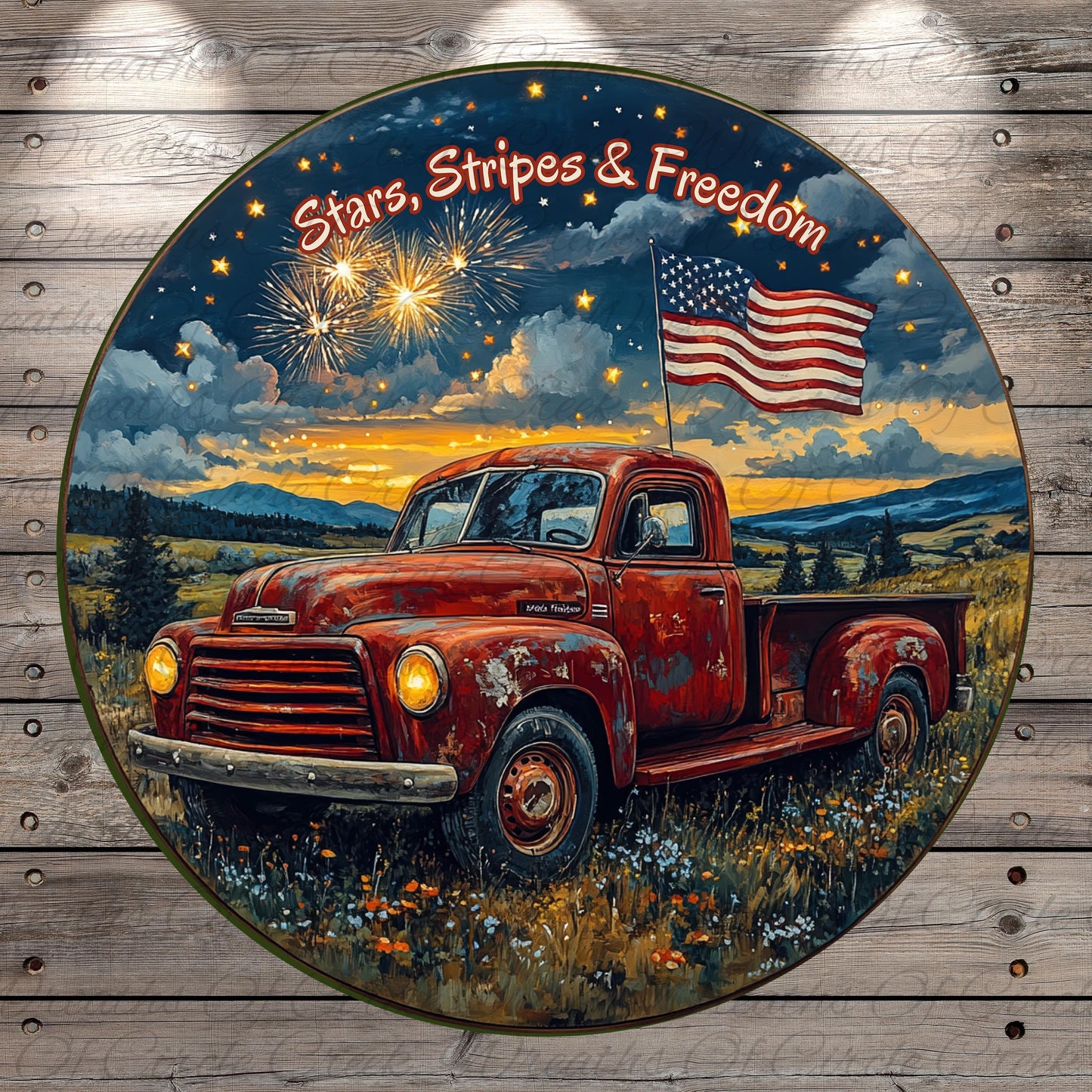 a painting of a red truck with an american flag on it