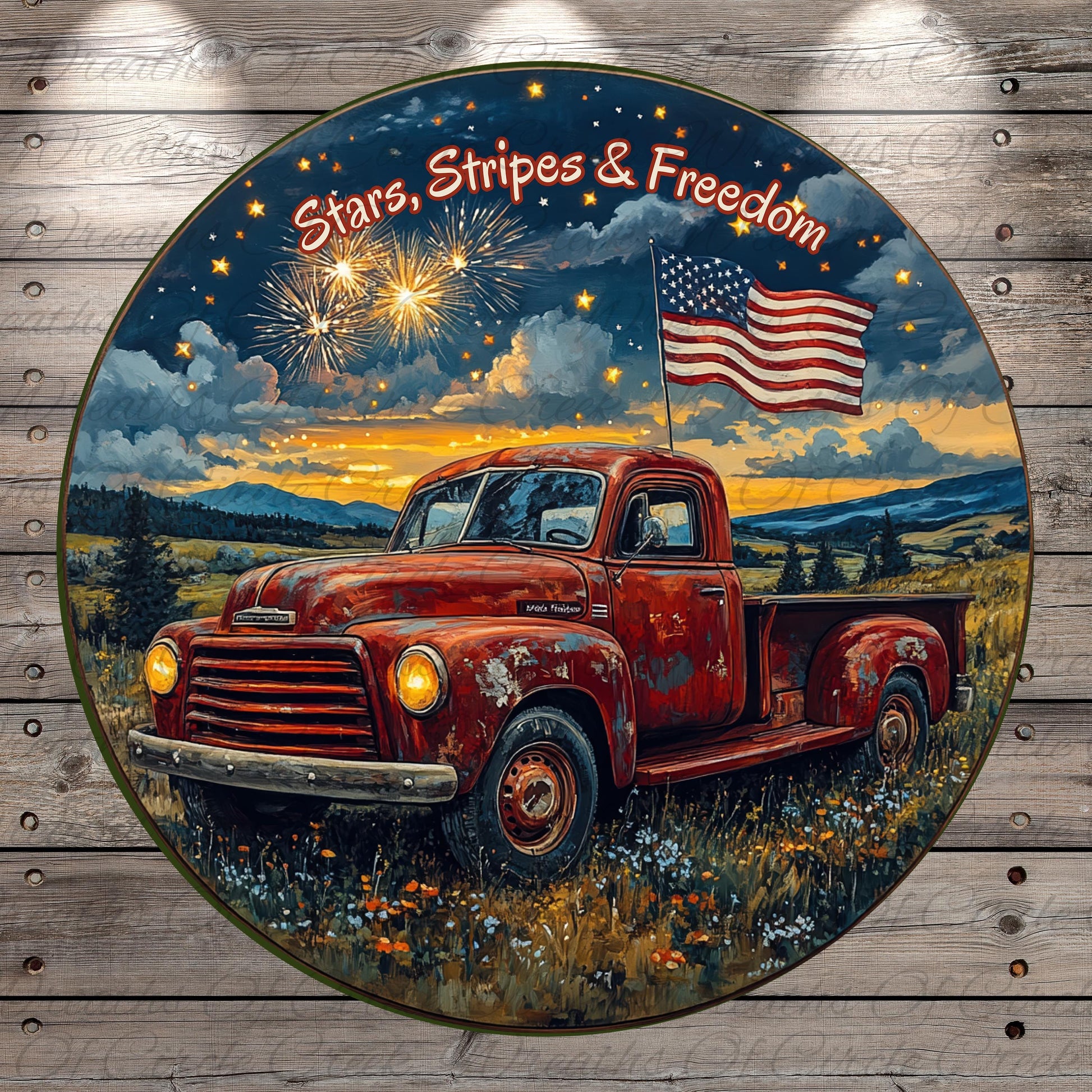 a painting of a red truck with an american flag on it