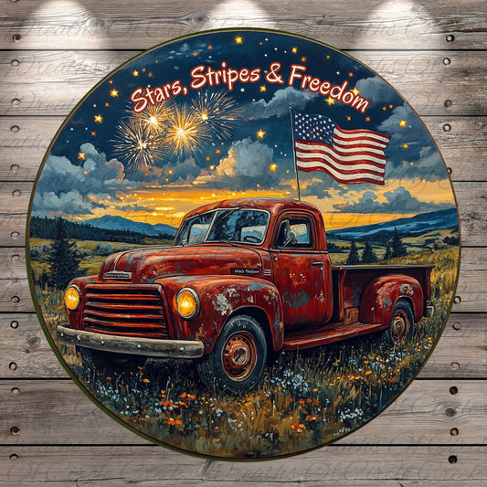 a painting of a red truck with an american flag on it