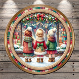 A festive Christmas scene featuring three children standing in front of a window decorated with Christmas lights and ornaments.