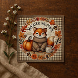 A cozy illustration of a fox wearing a sweater and surrounded by autumn-themed elements, including a pumpkin, flowers, and a cup of coffee, with the text "SWEATER WEATHER" and "FALL" prominently displayed.