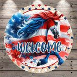a vibrant and patriotic design with a stylized horse in the center, surrounded by an American flag motif. The horse has a mix of red, white, and blue colors, and its mane and tail are flowing with a sense of movement. The word "welcome" is prominently displayed in the center of the image, creating a welcoming and patriotic atmosphere.
