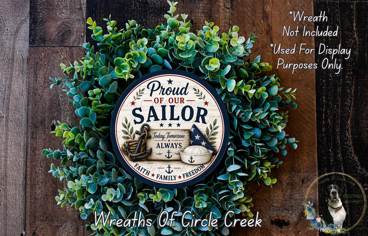 A wreath made of green leaves and a circular sign with the text "Proud of our Sailor" and an illustration of a sailor.