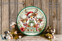 A festive Christmas wreath with three deer wearing Santa hats and scarves, surrounded by flowers and greenery, with the text "Merry Christmas!" displayed on the wreath.