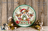 A festive Christmas wreath with three deer wearing Santa hats and scarves, surrounded by flowers and greenery, with the text "Merry Christmas!" displayed on the wreath.