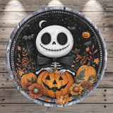 A Halloween-themed illustration featuring a skeleton figure holding a carved jack-o-lantern, surrounded by autumn foliage, flowers, and bats against a night sky background.