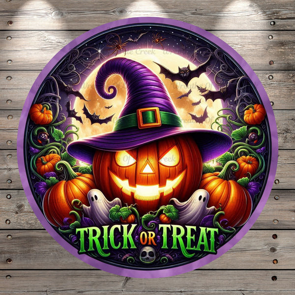 Trick Or Treat, Jack-O-Lantern, Halloween Scene, Ghosts, Bats, Round, Light Weight, Metal Wreath Sign, No Holes In Sign