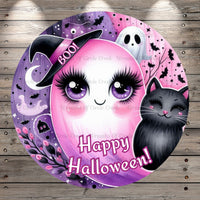 Pink Ghost, Boo, Black Cat, Happy Halloween, Pink, Purple, Round, Light Weight, Metal Wreath Sign, No Holes In Sign