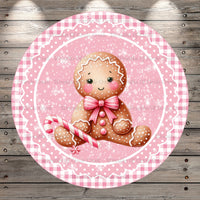 Baby’s First Christmas, Girl, Gingerbread, Pink, Wreath Sign, No Holes, Round UV Coated, Metal
