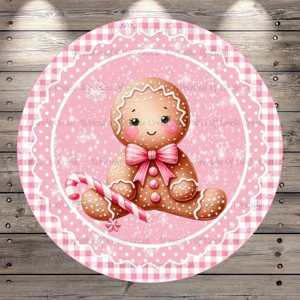 Baby’s First Christmas, Girl, Gingerbread, Pink, Wreath Sign, No Holes, Round UV Coated, Metal