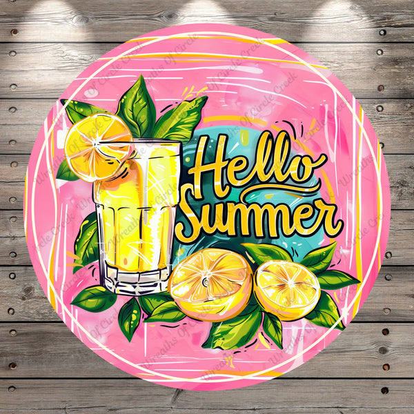 Hello Summer, Tropical, Lemons, Lemonade, Beach Life, Pink, Yellow, Lightweight, Wreath Sign, No Holes In Sign