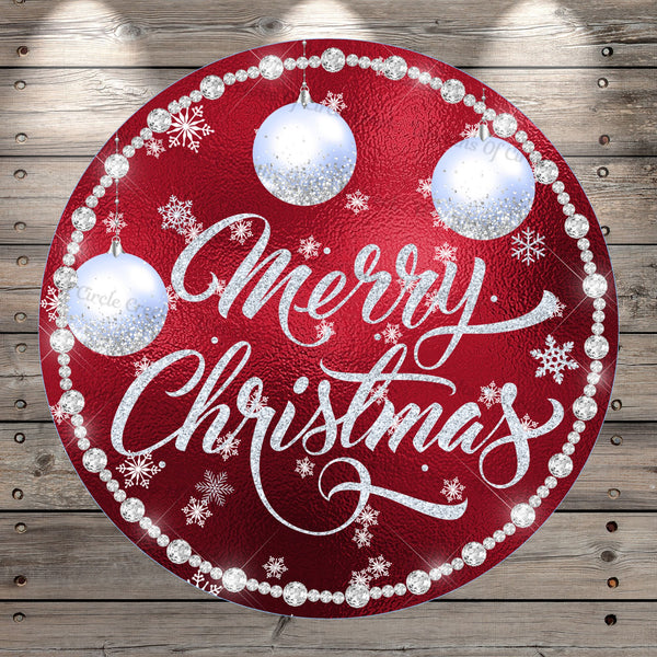 Merry Christmas, Red, Silver, Ornaments, Round, Light Weight, Metal, Wreath Sign, No Holes In Sign