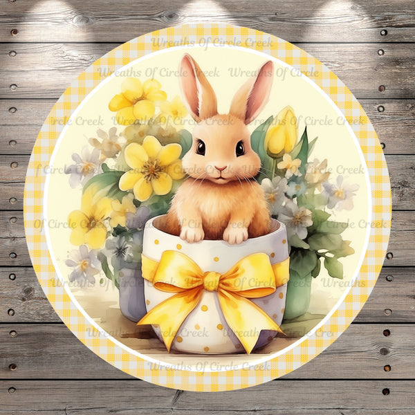Yellow, Easter Bunny, Florals, Spring, Light Weight, Metal Wreath Sign, Round, No Holes