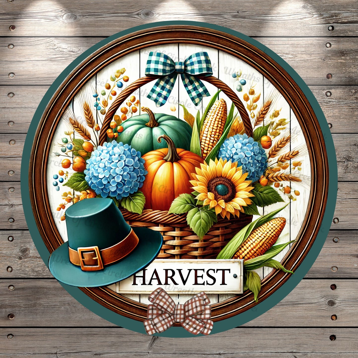 Harvest, Basket, Thanksgiving, Fall, Pumpkins, Corn, Sunflower, Round, Light Weight, Metal Wreath Sign, No Holes In Sign