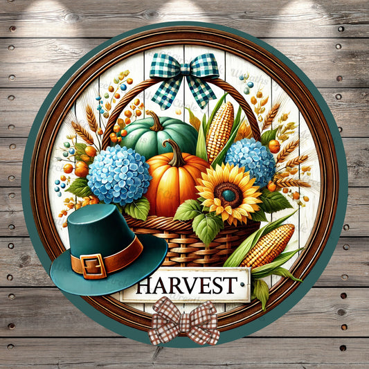 Harvest, Basket, Thanksgiving, Fall, Pumpkins, Corn, Sunflower, Round, Light Weight, Metal Wreath Sign, No Holes In Sign