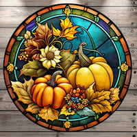 Fall, Autumn, Pumpkins, Stained Glass Print, Round UV Coated, Metal Sign, No Holes