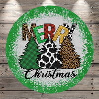 Christmas Trees, Merry Christmas, Cow, Leopard, Plaid, Pattern Trees, Light Weight, Metal, Wreath Sign, No Holes In Sign