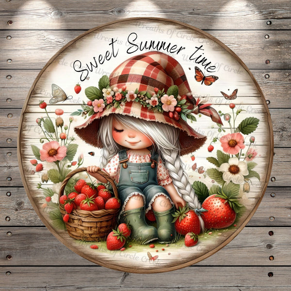 Garden Girl, With Strawberry Basket, Sweet Summer Time, Light Weight, Metal Wreath Sign, No Holes In Sign