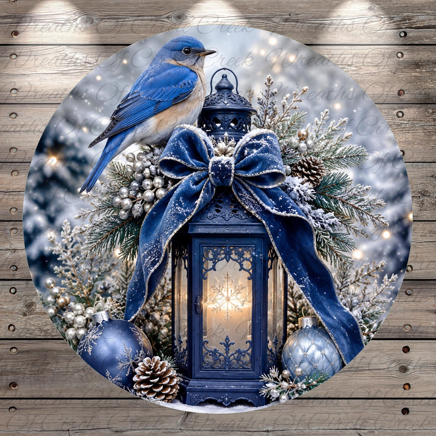 A blue bird perches on a lantern, surrounded by a wreath of pine cones, silver ornaments, and a blue ribbon.