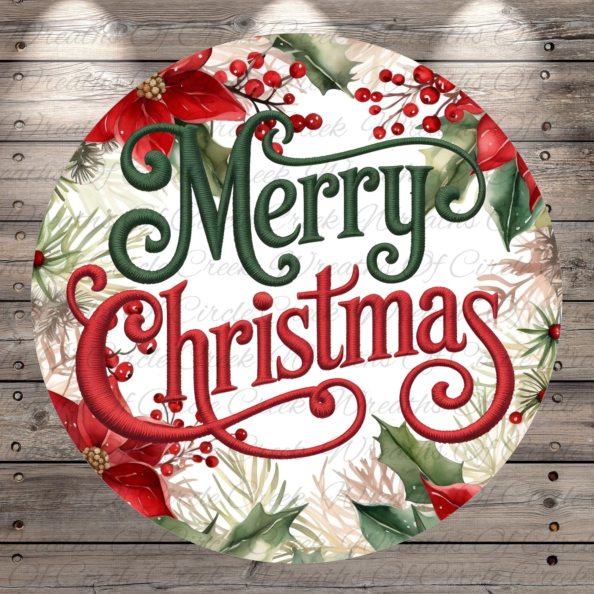 A circular Christmas-themed design with the text "Merry Christmas" prominently displayed in the center. The design is surrounded by a wreath of red poinsettia flowers, berries, and greenery, creating a festive and seasonal atmosphere.