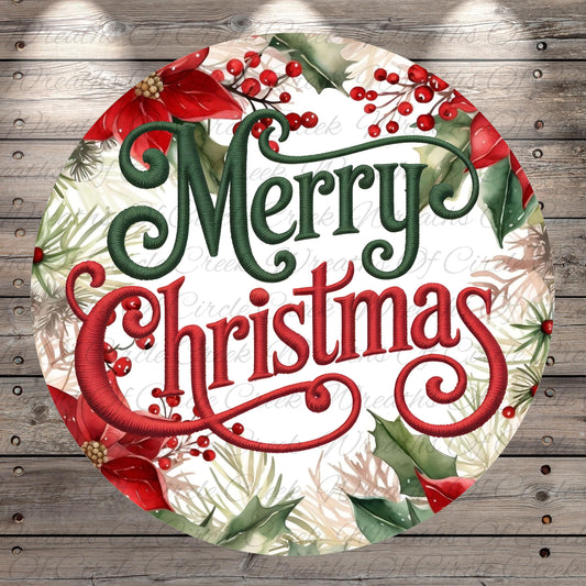 A circular Christmas-themed design with the text "Merry Christmas" prominently displayed in the center. The design is surrounded by a wreath of red poinsettia flowers, berries, and greenery, creating a festive and seasonal atmosphere.