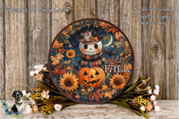 A decorative plate featuring a jack-o-lantern surrounded by autumn flowers, with the text "HELLO FALL" displayed on it. The plate is placed on a wooden surface, and there are additional flowers and leaves nearby.