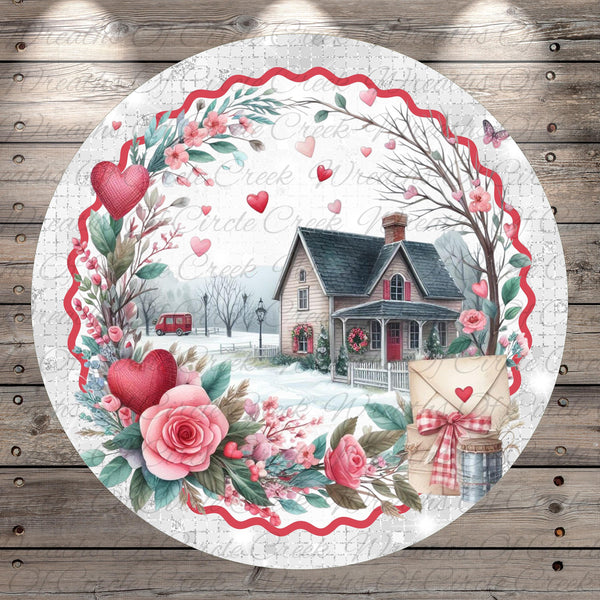 A round, decorative plate with a wreath of red hearts surrounding a house and flowers, with a letter and a small gift box on the plate.