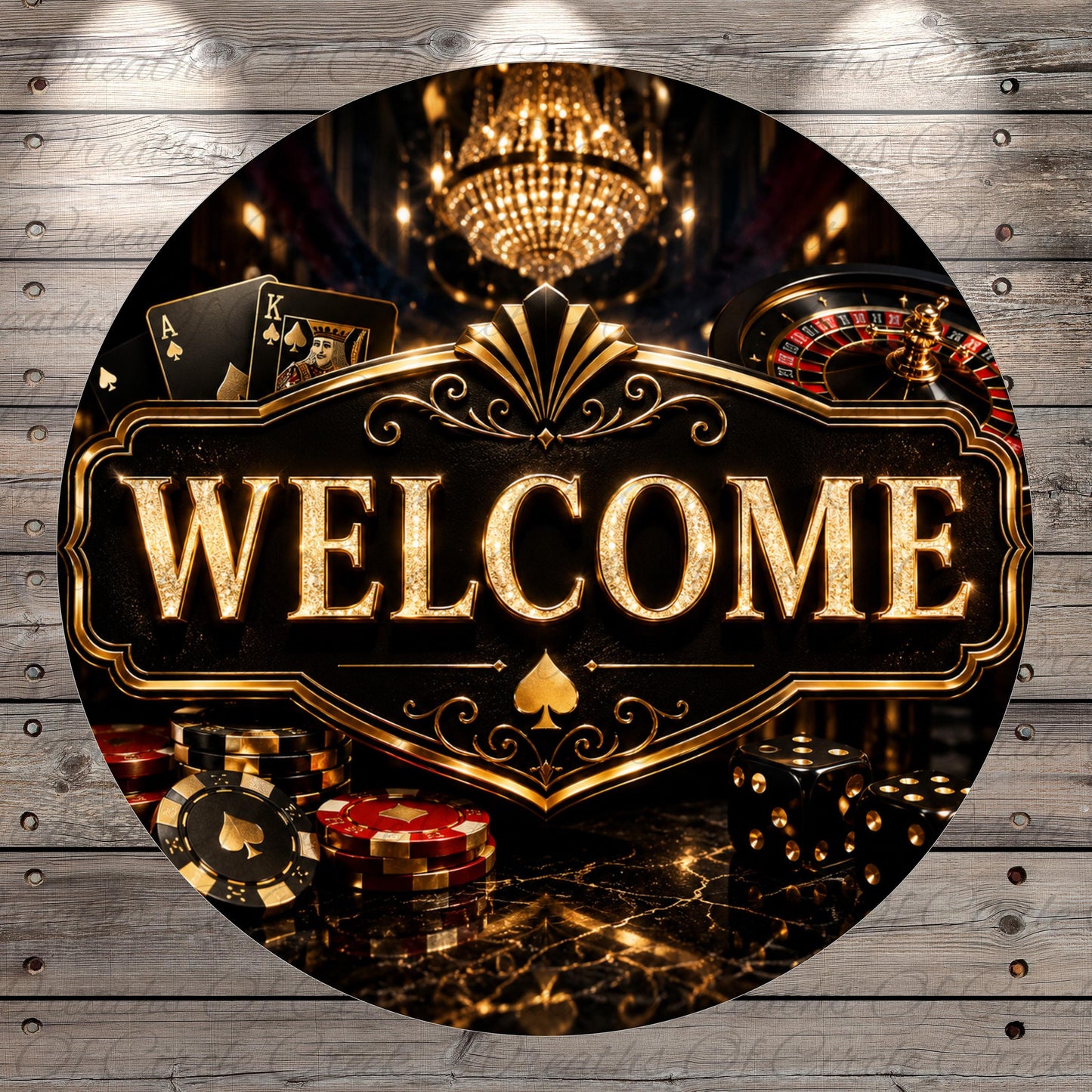 a casino-themed background with a large "WELCOME" sign in the center, surrounded by various casino elements such as playing cards, chips, and a roulette wheel.