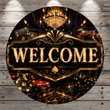 a casino-themed background with a large "WELCOME" sign in the center, surrounded by various casino elements such as playing cards, chips, and a roulette wheel.