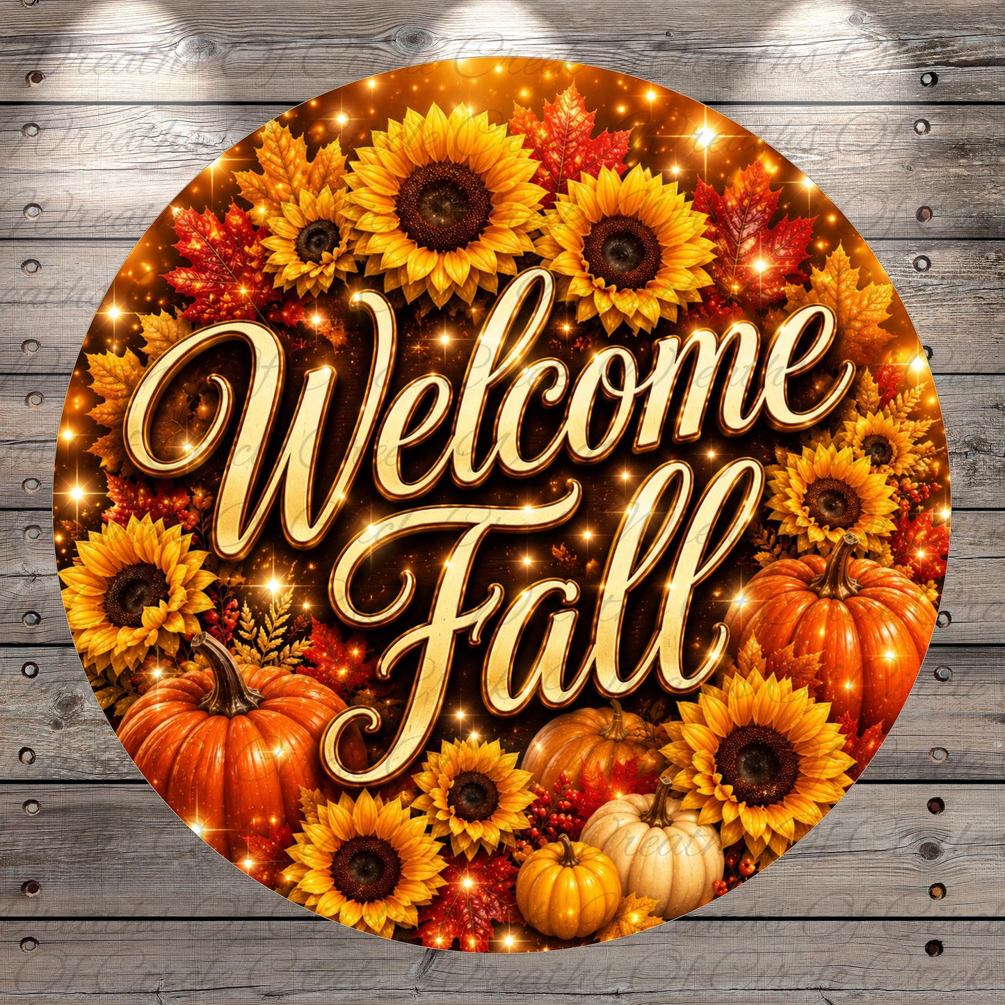 A circular sign with the text "Welcome Fall" surrounded by sunflowers, pumpkins, and autumn leaves, all set against a background of a wooden wall.