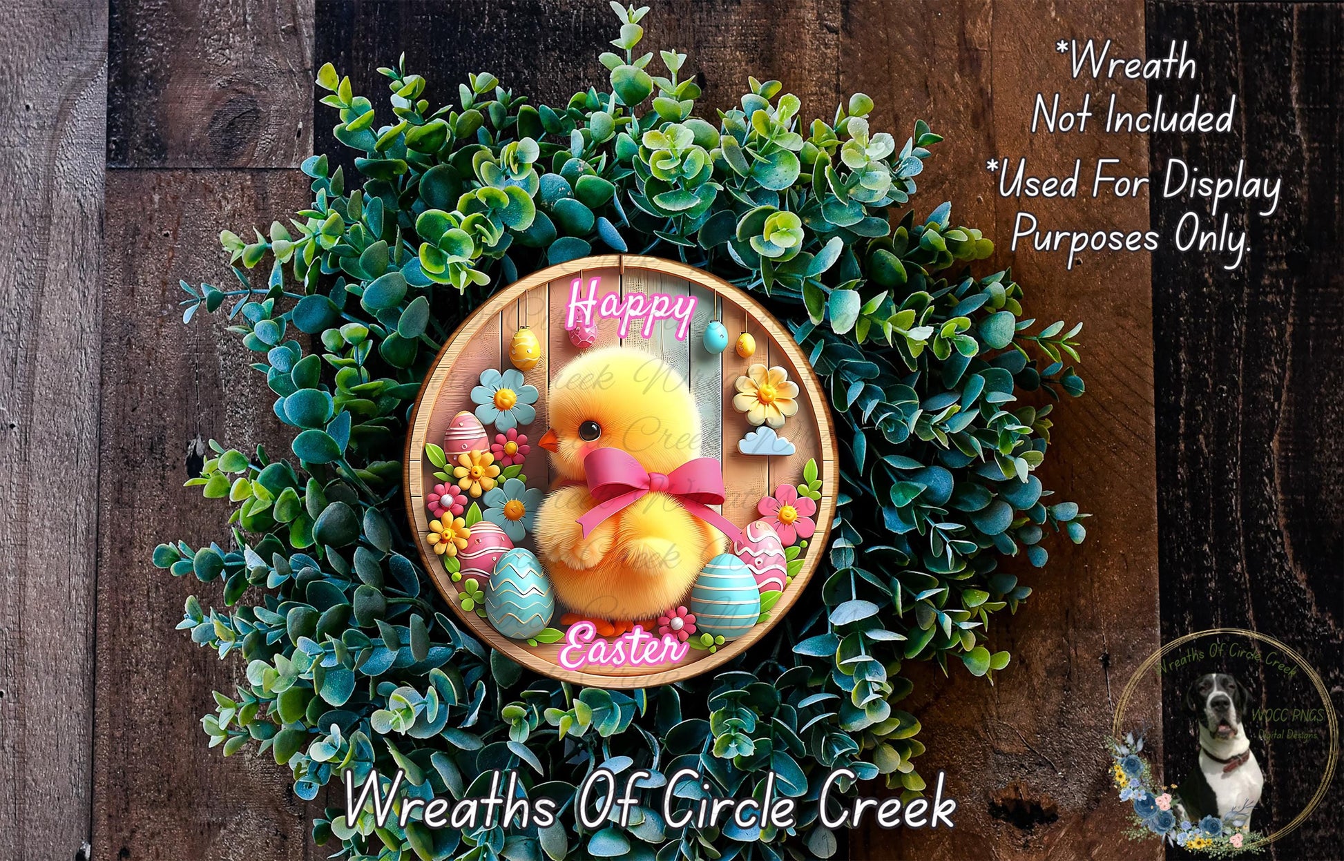 A wreath made of green leaves and flowers, with a small yellow duck and Easter eggs as the main decorative elements. The wreath is placed on a wooden surface, and there is a text overlay that reads "Happy Easter" and "Wreath Not Included * Used For Display Purposes Only".