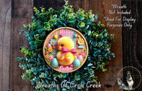 A wreath made of green leaves and flowers, with a small yellow duck and Easter eggs as the main decorative elements. The wreath is placed on a wooden surface, and there is a text overlay that reads "Happy Easter" and "Wreath Not Included * Used For Display Purposes Only".