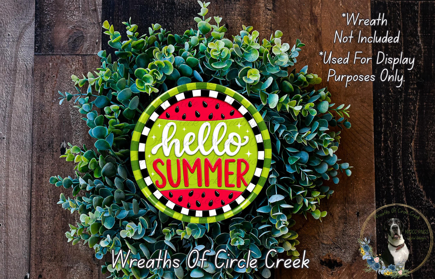 A wreath made of green and red leaves, with a large circular sign that says "Hello Summer" in the center.