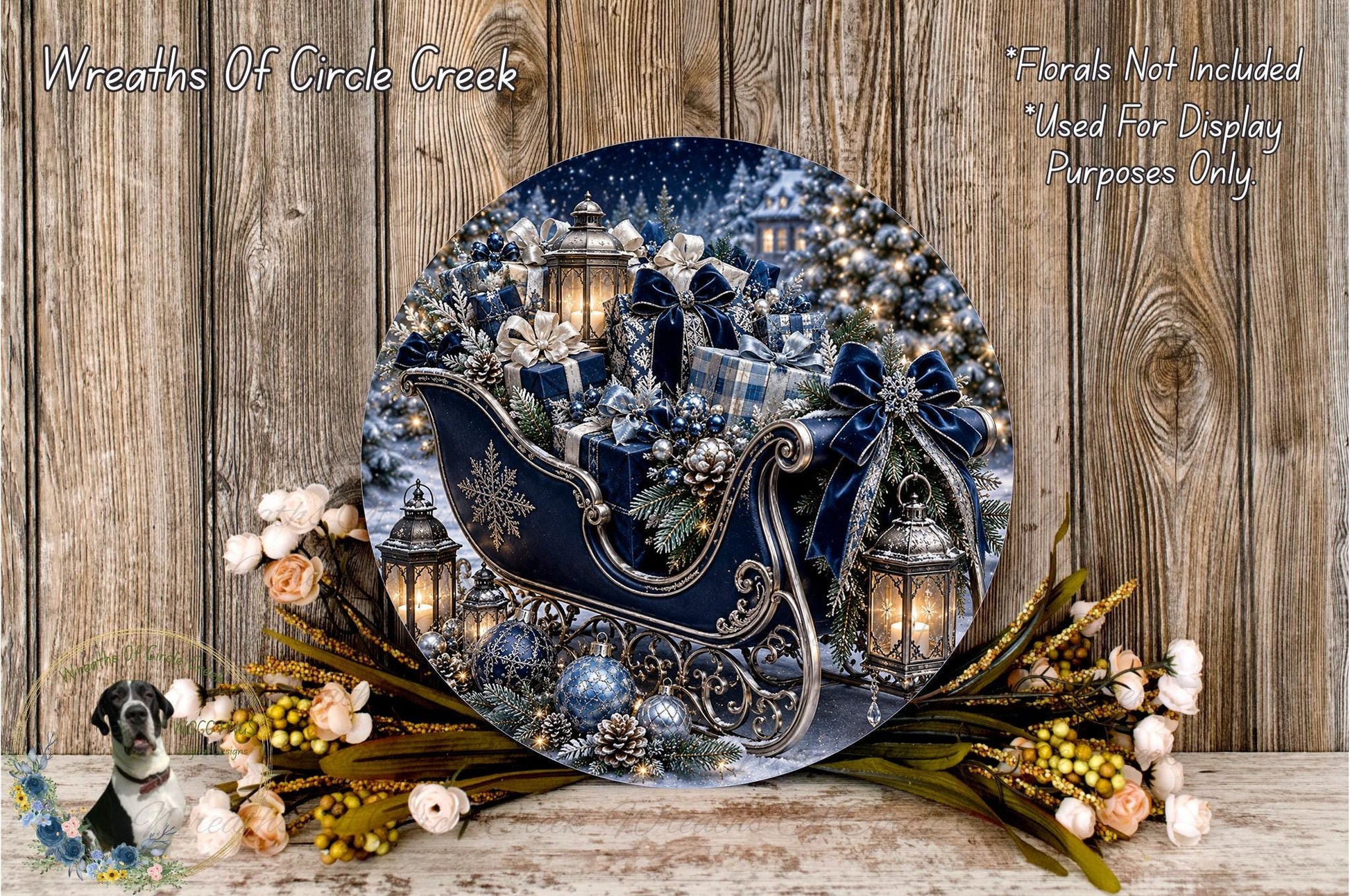 A festive holiday scene with a decorated sleigh, presents, and flowers, set against a snowy landscape.