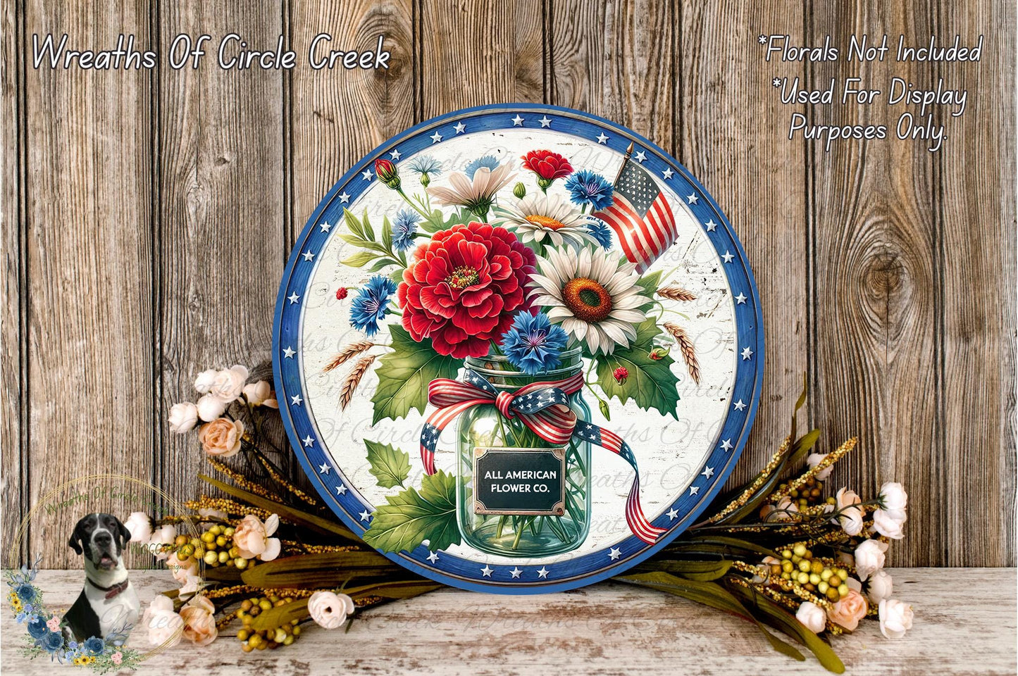 a decorative plate with a patriotic design, including a mason jar filled with flowers and an American flag, placed on a wooden surface.