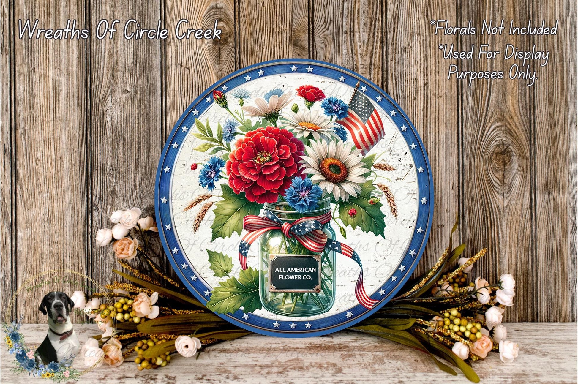 a decorative plate with a patriotic design, including a mason jar filled with flowers and an American flag, placed on a wooden surface.