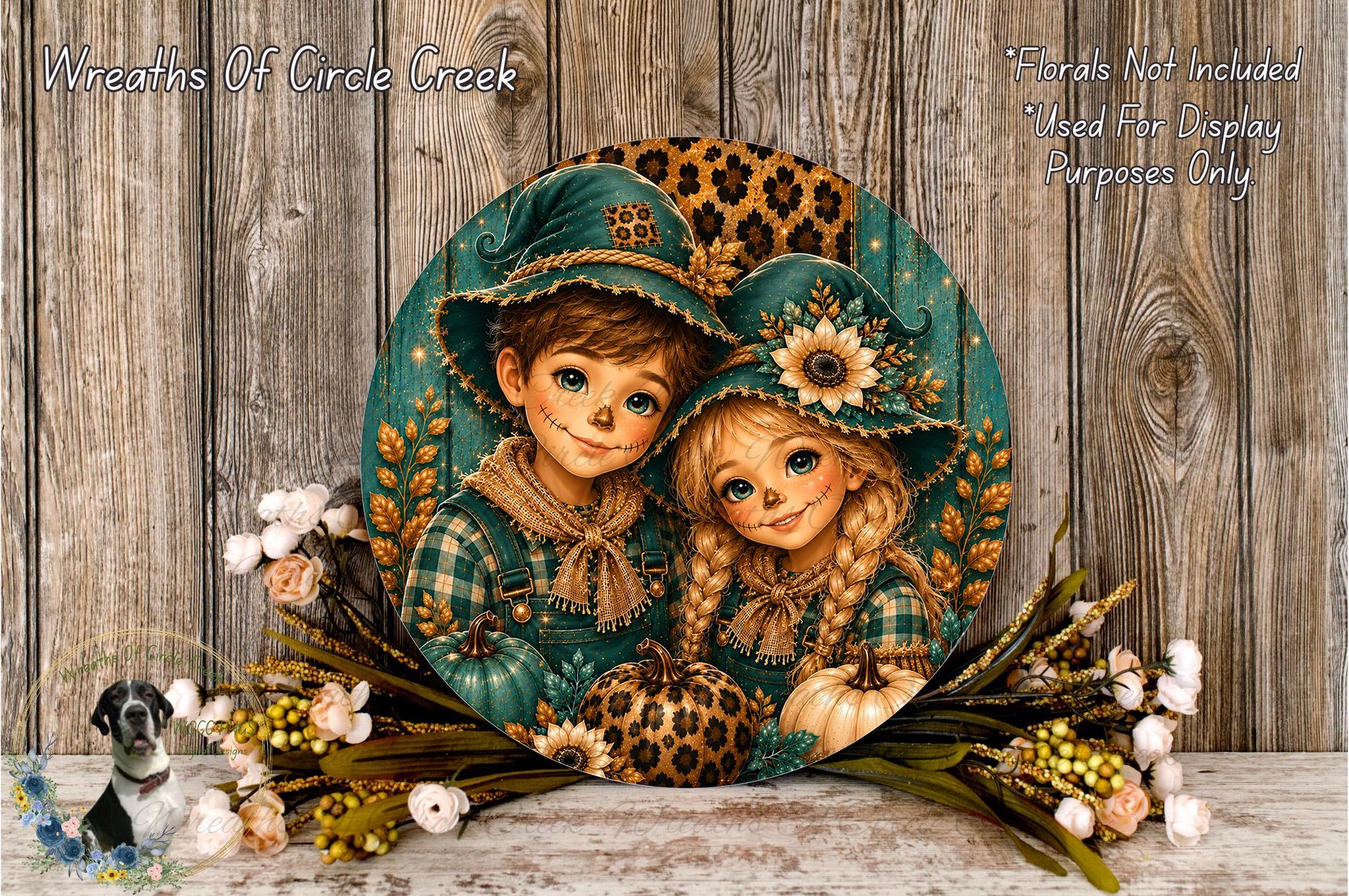 A round wooden plaque with two cartoon children, one boy and one girl, wearing hats and holding pumpkins, surrounded by flowers and a leopard print design.