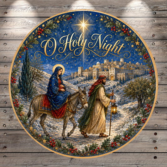 a religious scene with a woman on a horse and a man on a donkey, both dressed in traditional attire, walking through a snowy landscape with a castle in the background. The text "O Holy Night" is prominently displayed above the scene.