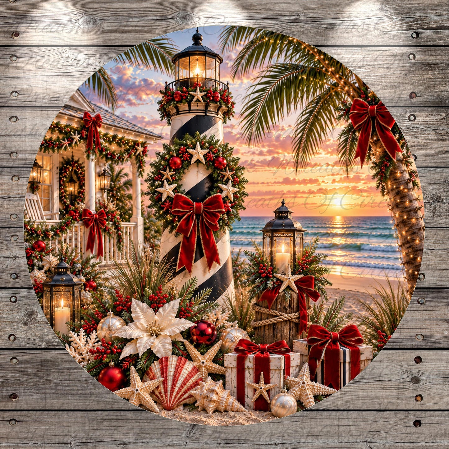 A festive Christmas scene with a lighthouse, palm trees, and a sunset over the ocean. The lighthouse is decorated with red and gold ornaments, and the surrounding area is adorned with Christmas lights, wreaths, and other holiday decorations.