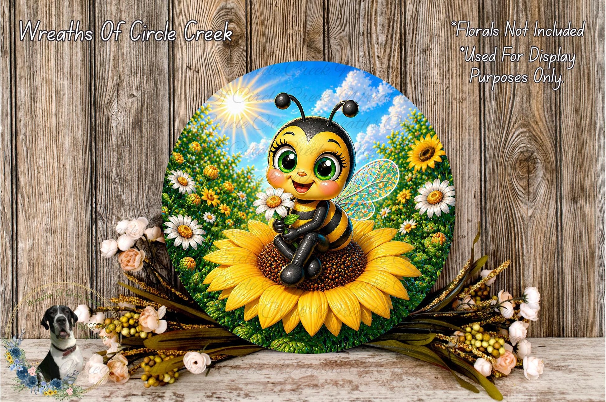 A round, decorative plate featuring a cartoon bee sitting on a sunflower surrounded by flowers and a wooden background.