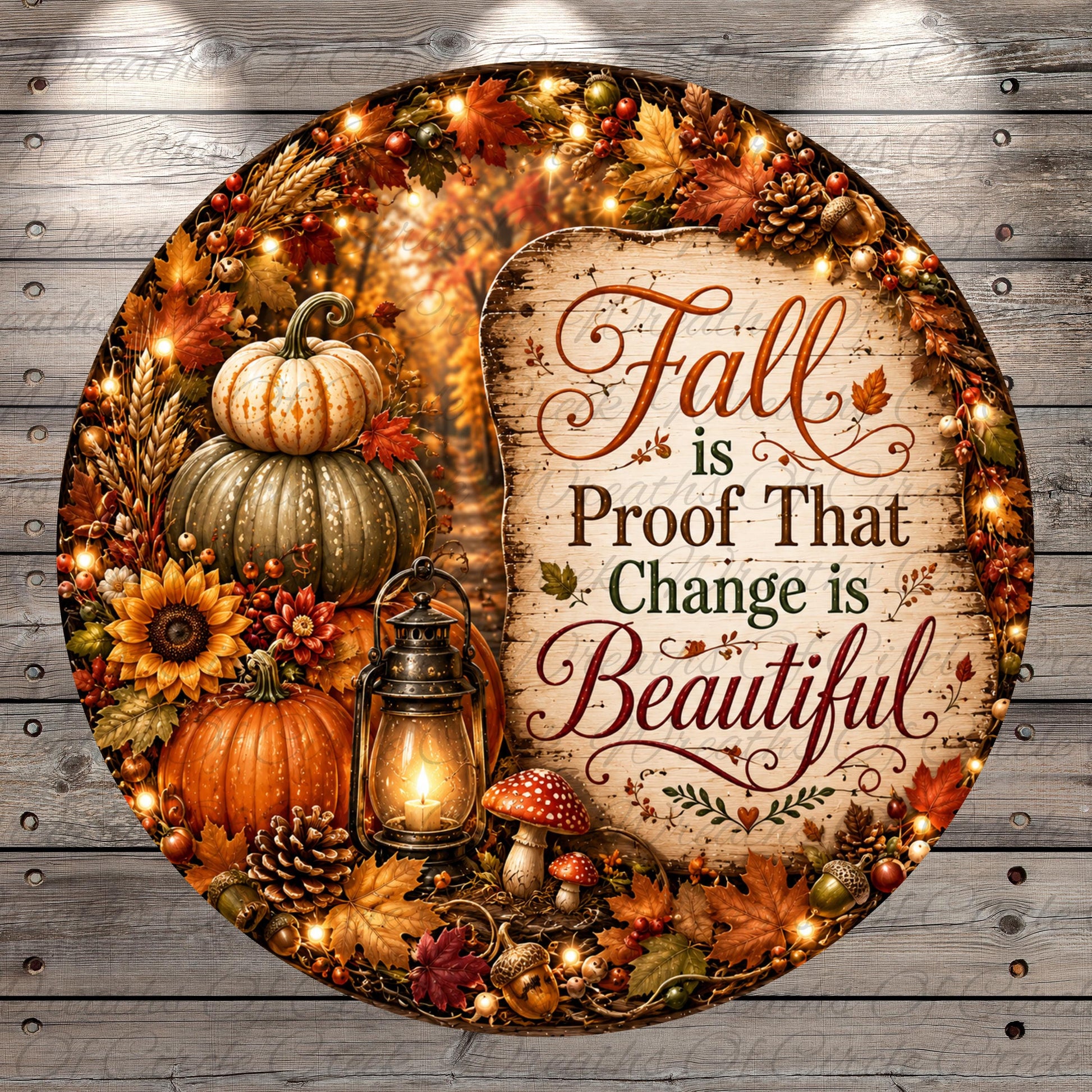 The image is a decorative wreath with various fall-themed elements, including pumpkins, mushrooms, leaves, and a lantern. The text "Fall is Proof That Change is Beautiful" is displayed on the wreath, and the background is a wooden wall with a rustic appearance.