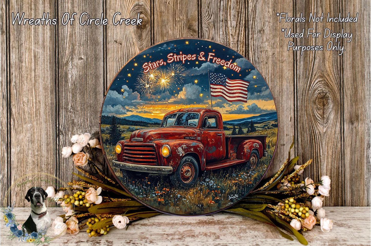 a red truck with an american flag painted on it