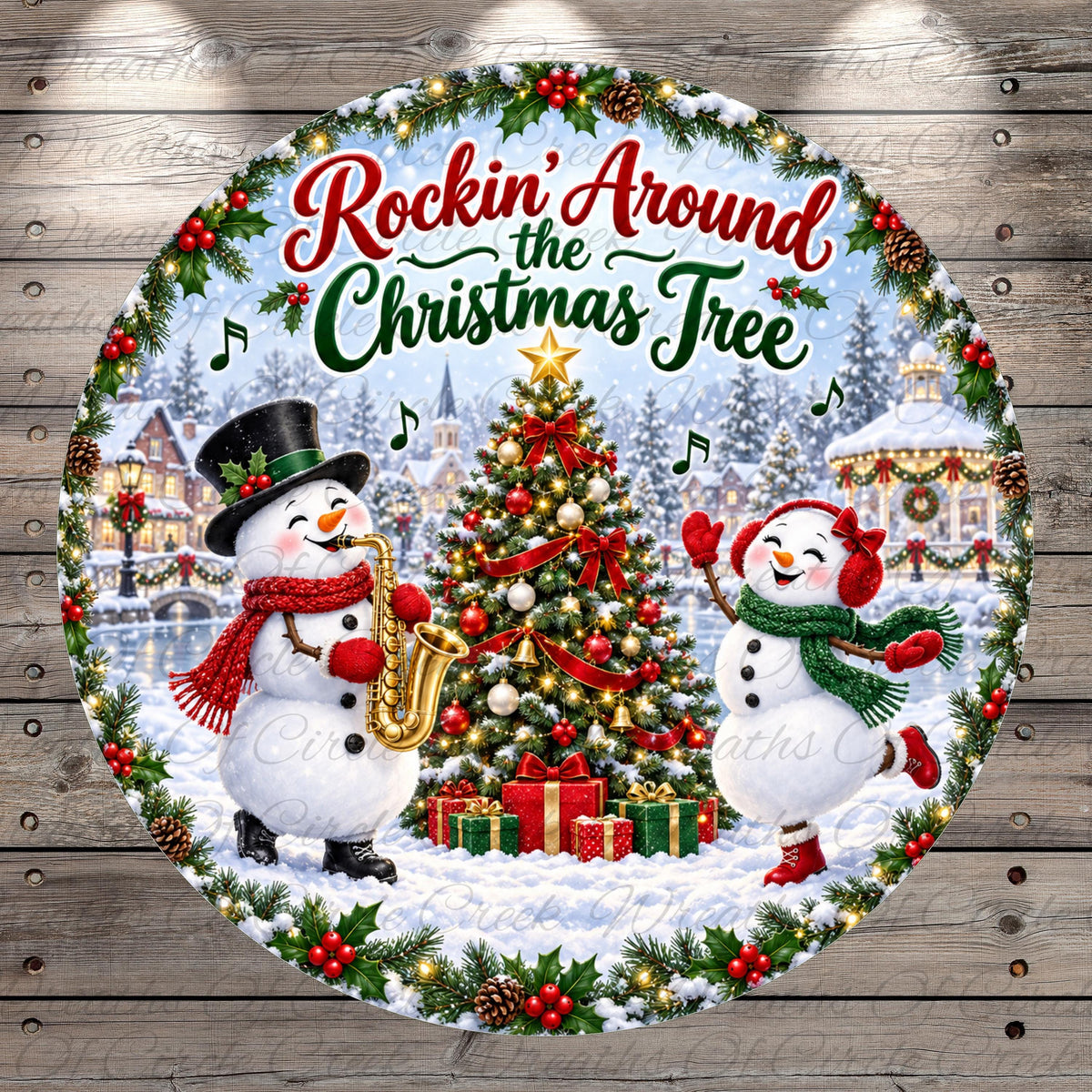 A festive Christmas scene with two snowmen playing musical instruments, surrounded by a wreath and presents, with a large Christmas tree in the background.