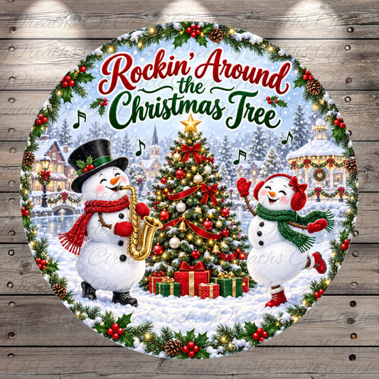 A festive Christmas scene with two snowmen playing musical instruments, surrounded by a wreath and presents, with a large Christmas tree in the background.