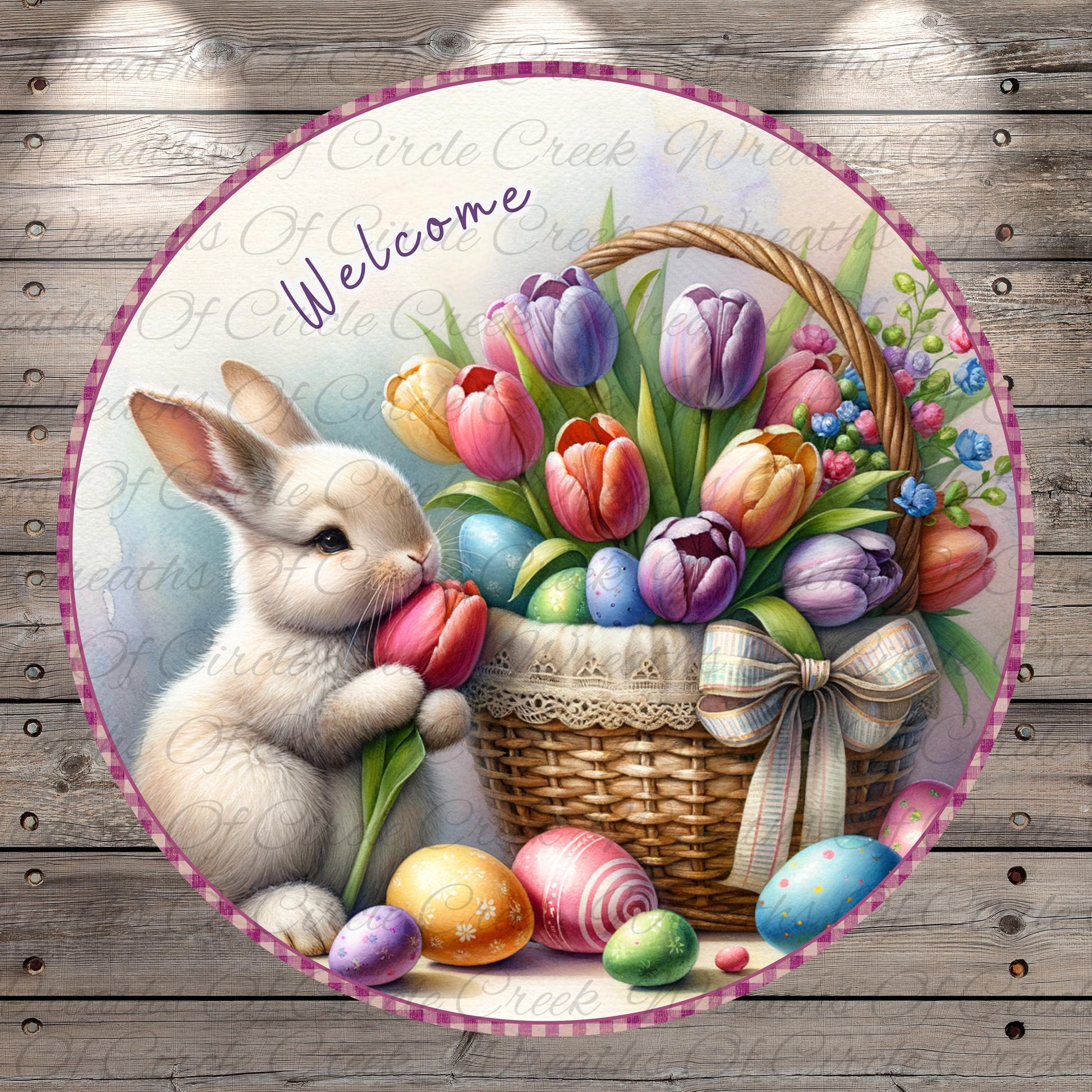 A white rabbit is sitting next to a basket filled with colorful Easter eggs and flowers, with the word "Welcome" written on the basket.