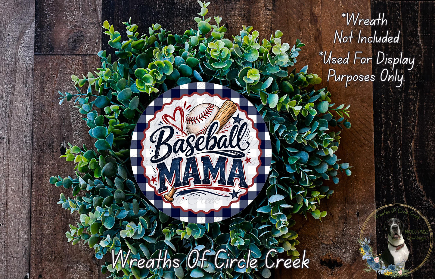 A wreath made of green leaves and a baseball-themed sign, with the text "Baseball Mama" displayed on it.