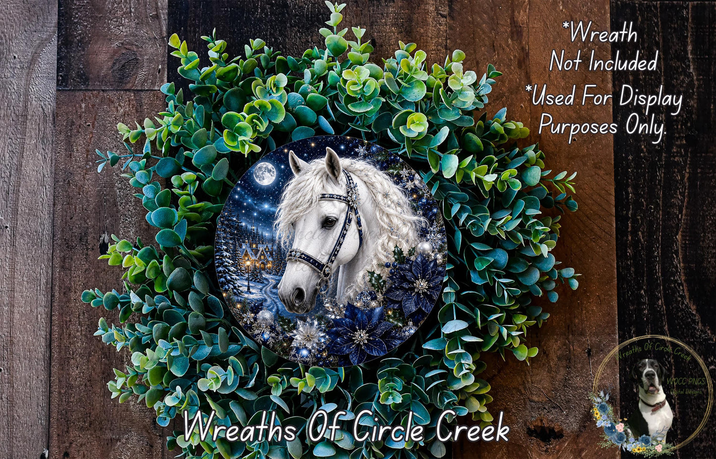 A wreath featuring a white horse surrounded by green foliage, with a full moon in the background.