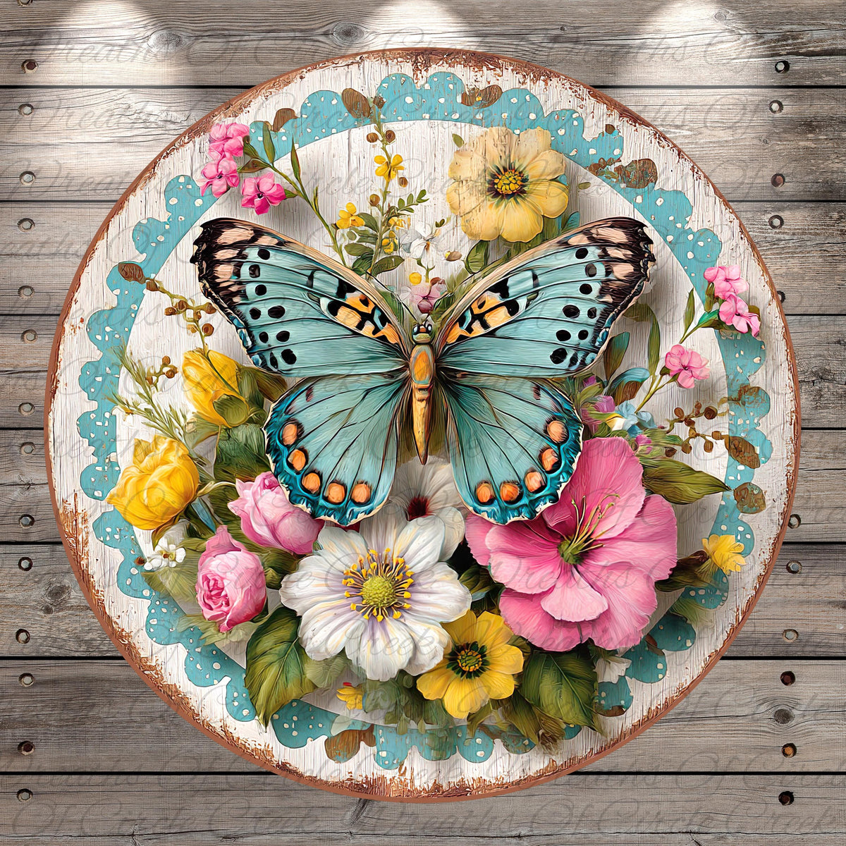 A vibrant and colorful butterfly rests on a circular wooden plate adorned with a variety of flowers, including pink, yellow, and white blooms.