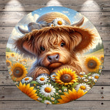 A close-up of a shaggy dog wearing a straw hat, surrounded by a field of sunflowers.