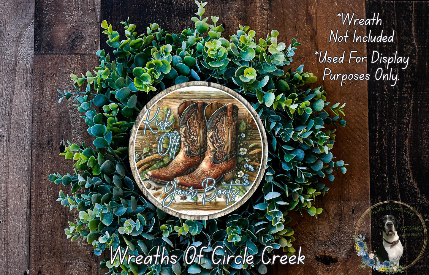a wreath made of green foliage and brown boots, with the phrase "KICK OFF YOUR BOOSTERS" displayed on the wreath.